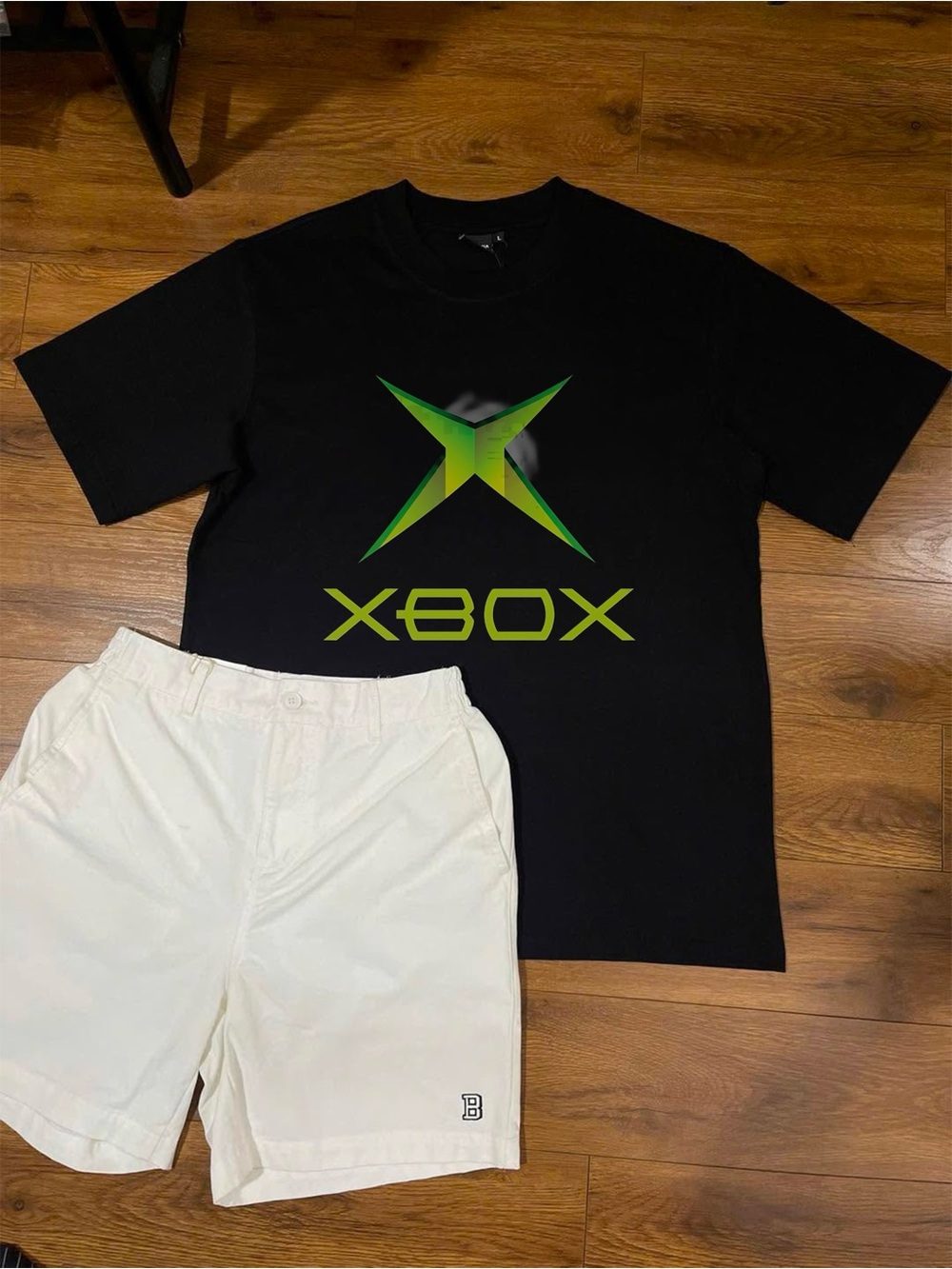 Gildan Black Tee with Green Xbox Logo and White Men’s Shorts Unisex